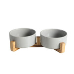 Ceramic Pet Food or Water Bowls with Wood Stand