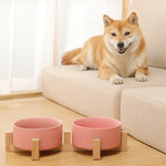 Ceramic Pet Food or Water Bowls with Wood Stand