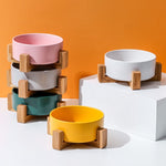 Ceramic Pet Food or Water Bowls with Wood Stand