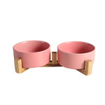 Ceramic Pet Food or Water Bowls with Wood Stand