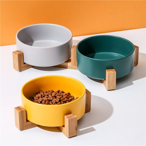 Ceramic Pet Food or Water Bowls with Wood Stand