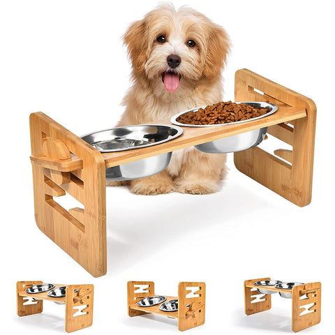 Bamboo Elevated Dog Bowls with Stand Adjustable